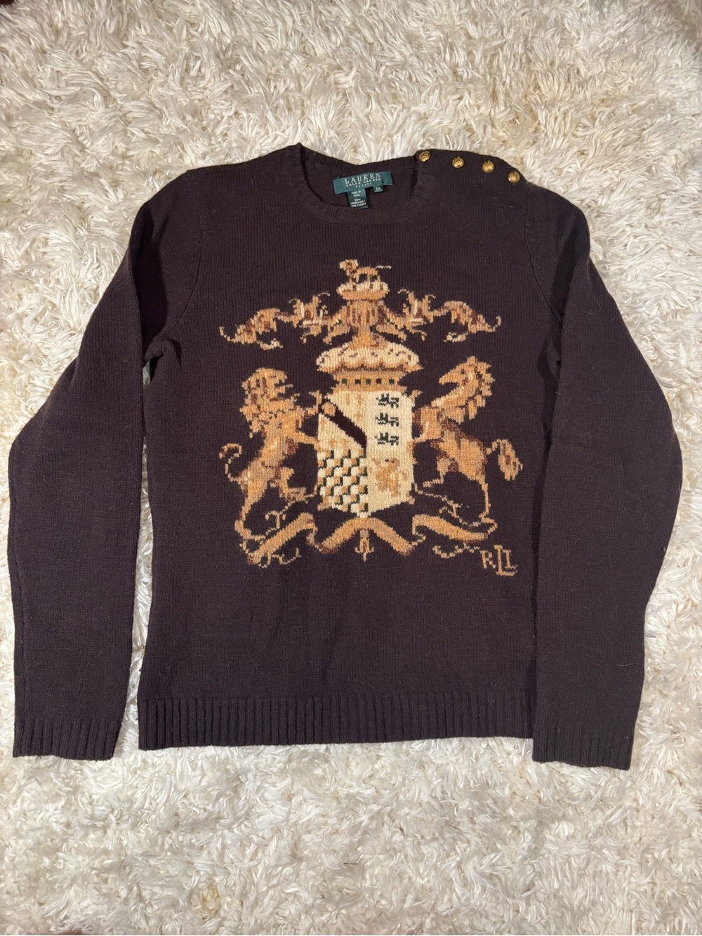 Ralph Lauren Brown Crewneck Sweater with Gold Crest & Shoulder Buttons-Petite Sm